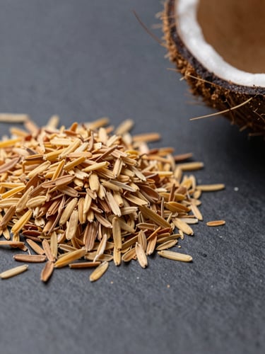 Close-up macro photography of raw golden rice husk and coconut biomass feedstocks, crisp laboratory lighting with deep slate background shadows.