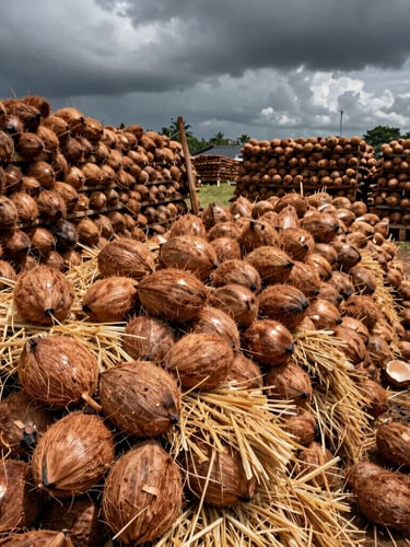 High-contrast documentary shot of raw coconut husks and rice straw stacked neatly in an open-air regional collection yard, dramatic overcast Tamil Nadu daylight.