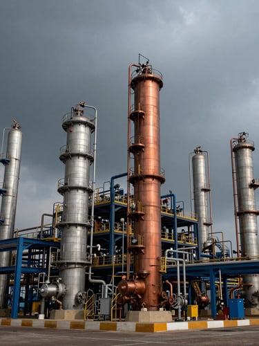 Wide-angle industrial documentary shot of a modern chemical processing plant in Tamil Nadu under dramatic overcast sky, deep slate tones.