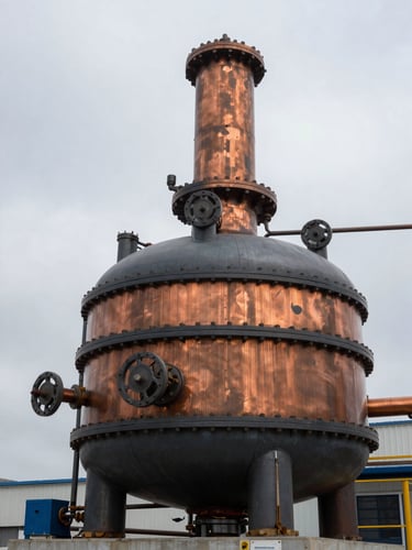 Industrial documentary photography of an advanced thermochemical pyrolysis reactor vessel, high-contrast overcast daylight, deep slate and rich copper tones, sharp focus.