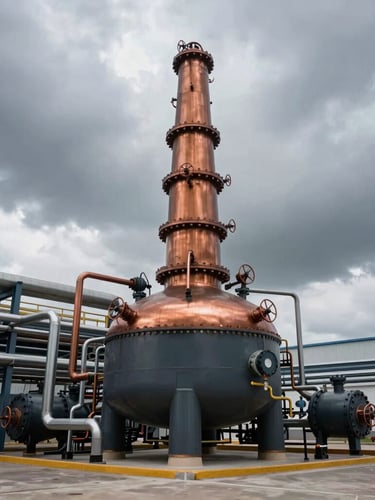 Wide-angle industrial documentary photo of a modern thermochemical pyrolysis reactor with piping, dramatic overcast daylight, deep slate tones