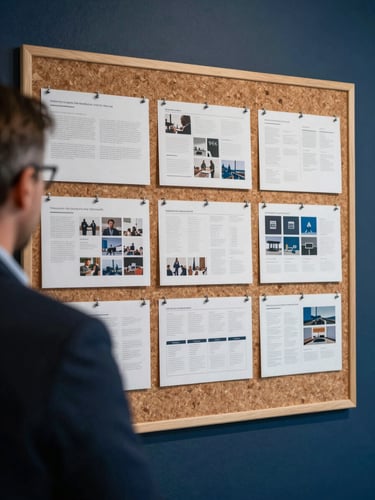 Medium shot from behind of a strategist reviewing printed brand guideline spreads pinned to a wide cork wall, fine annotations visible, even cool studio light, no faces shown, deep navy wall behind the cork board