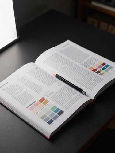 Wide shot of a large-format brand guidelines document open flat on a matte black desk, pages filled with typography specimens and color swatches, a mechanical pencil resting diagonally across the spread, even controlled studio light from the left, no hands visible, shot from slightly above at a medium distance