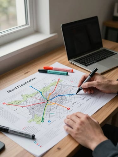 Medium wide shot of a strategist's working desk from a slight side angle — a large printed brand positioning map spread across the surface, a few coloured markers resting on it, a laptop open to one side, even controlled studio daylight from a window at frame left, hands visible adjusting a section of the document, no face shown