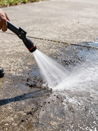 Action close-up of a high-pressure water nozzle blasting dark grime off a concrete driveway, bright direct midday sunlight, sharp water droplets, high-contrast.