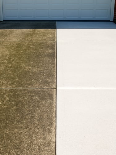 Straight-on wide shot of a concrete driveway, sharp contrast line dividing dark weathered mossy grime on the left from bright pristine white concrete on the right, bright direct midday sunlight.
