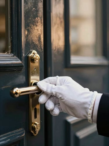 Close-up of a hand in a white glove opening a dark lacquered Parisian door, soft golden reflections, shallow depth of field, 35mm
