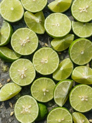 Macro top-down flat-lay of glistening, freshly sliced key limes on a wet stone surface, bright high-key daylight with sharp clean shadows, water droplets, 35mm food photography.