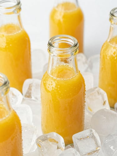 Close-up of vibrant cold-pressed citrus juice in clear glass bottles resting on crushed ice, bright natural daylight, water droplets, crisp food photography.