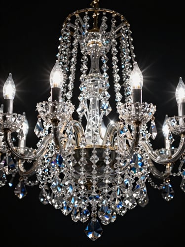 Extreme close-up overhead study of a Baccarat crystal chandelier cluster, cool studio strobe from directly above, individual crystal drops catching and fracturing light into sharp prismatic lines against a near-black seamless background, geometry dominant, no warmth, no figures