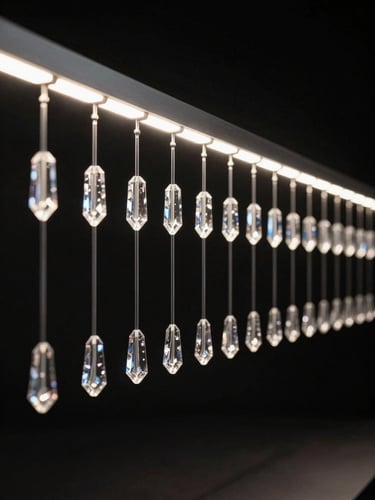 Architectural long-exposure studio shot of a modular linear crystal lighting rail, individual crystal elements suspended at precise intervals against black, cool strobe revealing each refractive node in sequence