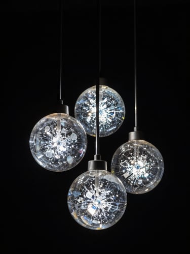 Forensic studio shot of a cluster pendant lighting system, three crystal globes at staggered heights against a near-black void, directional cool light revealing interior refraction and material density