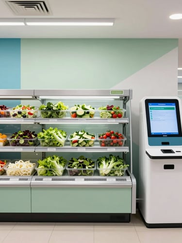 Straight-on eye-level shot of a modern corporate micro-market with fresh salads on open shelves and a self-checkout kiosk, bright office lighting, clean design