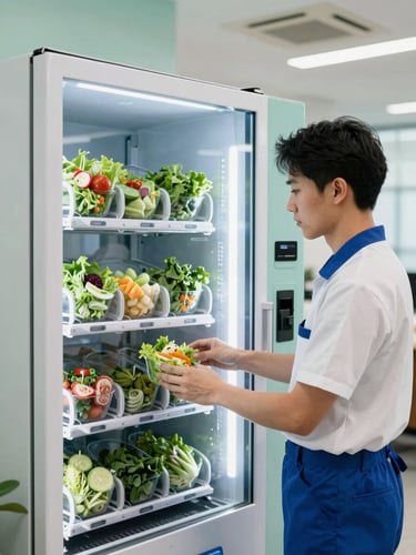 A professional technician in a clean uniform carefully restocking a modern glass-front vending machine with fresh salads, bright office breakroom background, 35mm lens