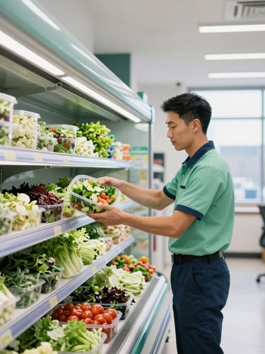 A professional delivery technician in a clean uniform loading fresh salads into a modern chilled micro-market shelf, bright office lighting, natural window glow.