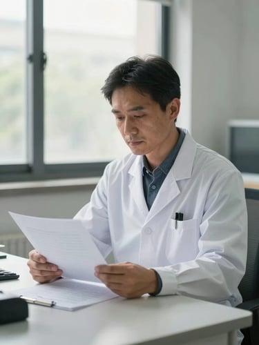 Medium shot of a doctor in white coat seated at a clinical desk reviewing a document, natural daylight from a side window, calm and focused expression, no eye contact with camera