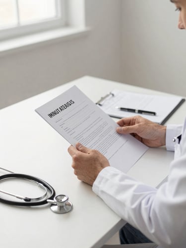 Wide clinical desk scene, a doctor in white coat reviewing a printed document under soft natural window light, stethoscope resting on the desk beside a pen, neutral off-white background, no face visible, medium shot from slightly above