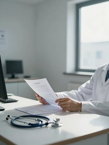 Wide clinical office interior, a doctor in white coat seated at a desk reviewing a printed document under natural window light, stethoscope resting on the desk surface, calm and professional atmosphere, no face close-up