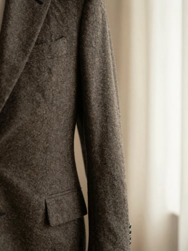 Detail shot of a tailored charcoal wool suit jacket sleeve showing texture, soft side lighting, warm neutral tones, 35mm
