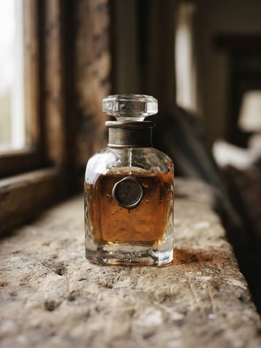 A close-up of a heavy glass fragrance bottle on a textured stone surface, soft natural window light, muted tobacco tones, shallow depth of field, 35mm