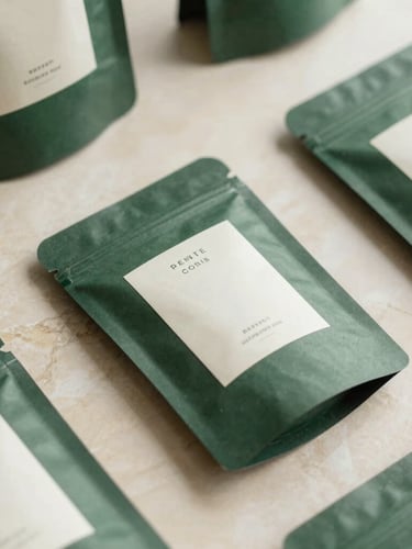 Overhead flat lay of clean, minimalist product packaging on a warm cream marble surface, soft natural window light, deep green accents, shallow depth of field