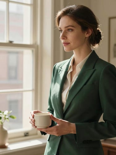 Elegant portrait of a sophisticated professional in a warm, sunlit Dupont Circle apartment, holding a minimalist ceramic container, soft natural window light, shallow depth of field.