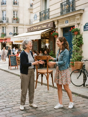 A friendly local handover of a wooden chair between two neighbors on a sunny Parisian street, authentic lifestyle photography, soft natural daylight, warm organic tones, clean composition, 35mm film look