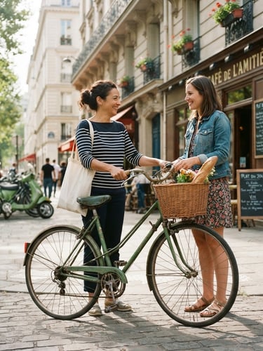 A close-up photograph of a friendly person handing over a vintage bicycle to a neighbor on a sunny Parisian street corner, soft natural daylight, authentic lifestyle photography, 35mm film look.
