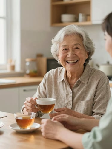 A warm, natural light photograph from an eye-level perspective showing a support worker and an older adult sharing a quiet laugh over tea in a sunlit kitchen, soft sage accents.