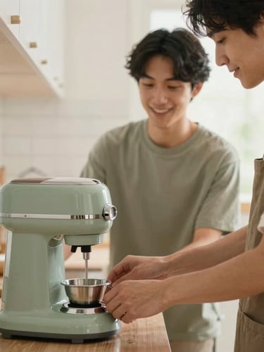 A young adult practicing using a kitchen appliance with a friendly support worker, warm natural light, soft sage tones, 35mm