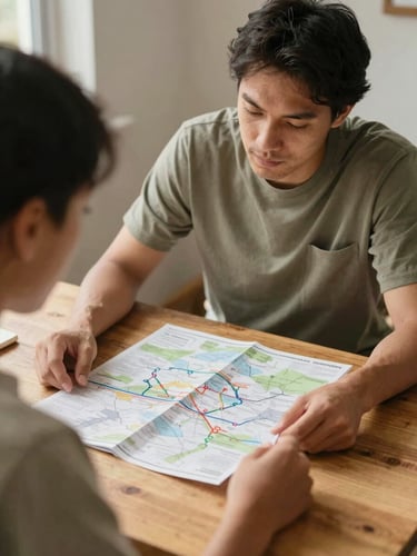 A supportive guide sitting with an NDIS participant at a wooden table, looking over a local transit map in warm daylight, 35mm