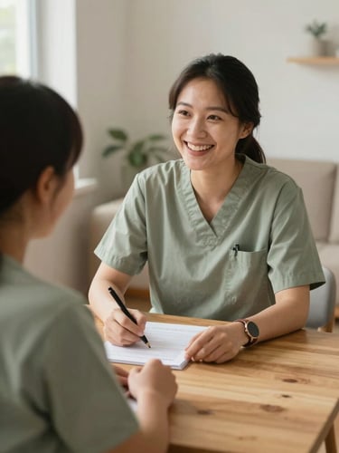 A warm, natural-light photo of a support worker smiling and discussing a plan with an NDIS participant at a wooden table, soft sage accents in the room, 35mm editorial style.