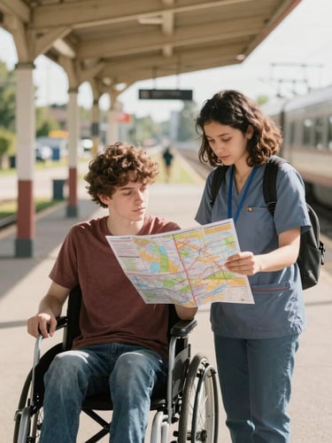 A support worker and a young adult with a physical disability standing together at a sunny suburban train station, looking at a route map, warm natural light, shallow depth of field