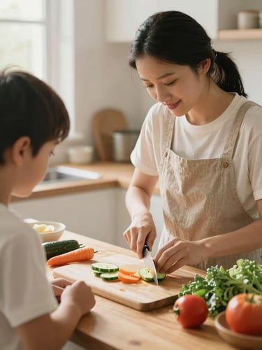 Warm environmental photo of a support worker and a participant cooking together in a sunlit kitchen, slicing fresh vegetables on a wooden counter, soft natural daylight, 35mm
