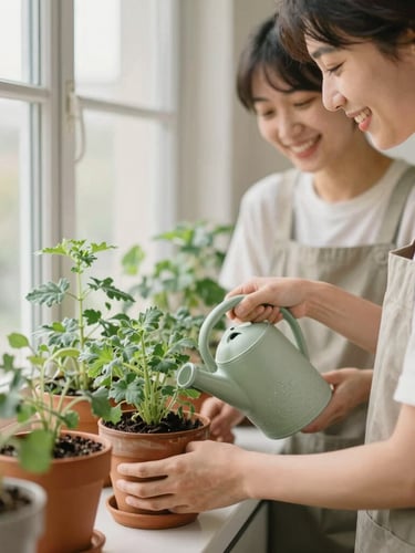 A participant joyfully watering potted herbs on a sunlit domestic balcony, a support worker smiling nearby, soft sage and terracotta tones, natural daylight, shallow depth of field
