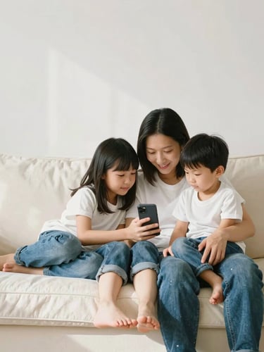 A relaxed family sitting together on a warm cream sofa in bright natural daylight, checking a mobile phone together, soft shadows, 35mm lens