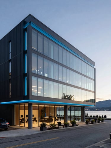 Architectural wide-angle shot of a modern clean West Vancouver corporate office overlooking the water, cool morning light, professional tech aesthetic, 35mm