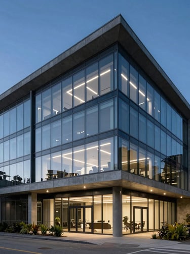 Architectural shot of modern West Vancouver office environment at dusk, cool ambient light, sleek glass and concrete, sharp focus