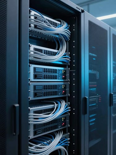Sleek corporate server room with clean structured cable management, cool ambient LED lighting, deep slate and electric cyan tones, sharp focus, 35mm