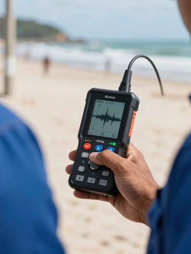 Close-up of a technician's hand holding a digital geofone locator screen showing acoustic wave graphs, sharp focus, bright coastal daylight, professional blue uniform, recognizable sandy street of Itanhaém in soft focus background