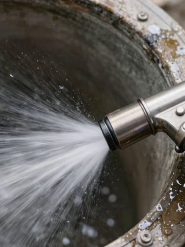 Close-up of a high-pressure hydro-jetting steel nozzle entering a clean sewer pipe, water spraying in a controlled pattern, professional technician hands in safety gloves.