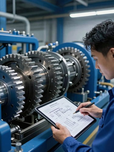 Engineer in clean high-vis gear examining schematics on a tablet, complex machinery in the background, crisp industrial lighting, deep blue tones, focus on technical precision.