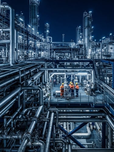 Wide-angle shot of a massive industrial facility's complex piping system, sharp architectural lighting, deep blue and metallic tones, engineers in high-vis gear visible in the background.