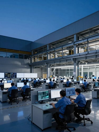 Wide-angle shot of a modern industrial operations center at twilight, deep blue and metallic tones, crisp details, engineers at workstations in foreground, large monitors displaying schematics in background, high-contrast architectural lighting.