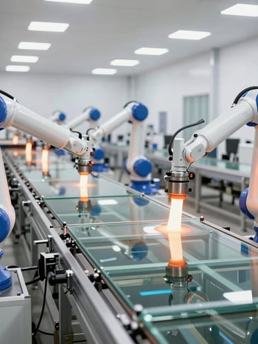 Wide panoramic view of a clean, automated glass manufacturing line in Fengyang, glowing molten glass shaped by robotic arms under bright industrial lighting.