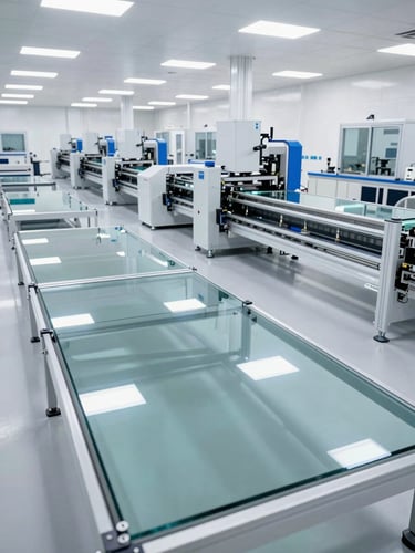 Wide-angle clean factory floor with high-tech automated glass manufacturing lines, bright lighting, industrial scale, landscape aspect.