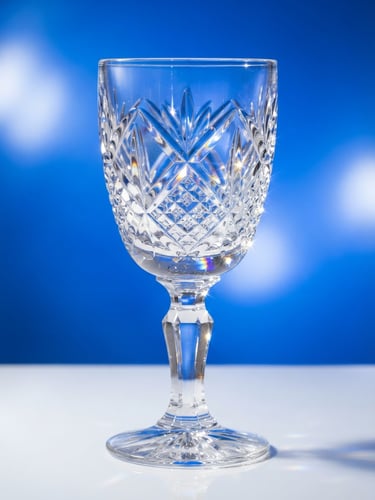 A crisp macro portrait of a crystal goblet catching bright studio light, sharp refractions, royal blue background accents, high-key lighting.