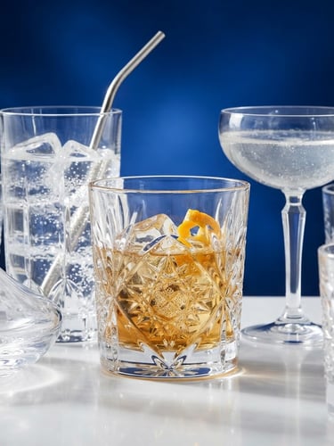 Crisp glassware catching light, bright high-key studio lighting, clean glass refractions, royal blue background accents, sharp focus, portrait aspect.