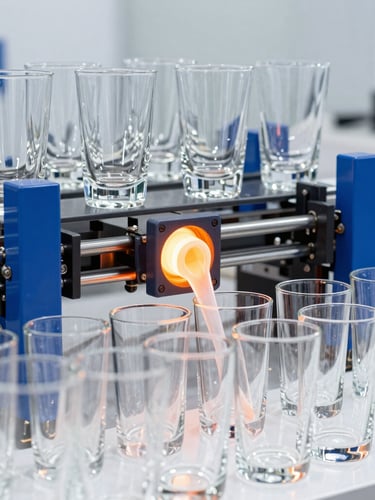 A portrait shot of an automated glassware production line with glowing molten glass being molded into clear tumblers, clean industrial environment, bright high-key lighting