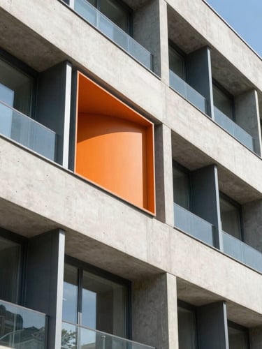 Low-angle architectural shot of a modern concrete and steel office facade, harsh direct sunlight, crisp shadows, minimalist composition, 35mm lens